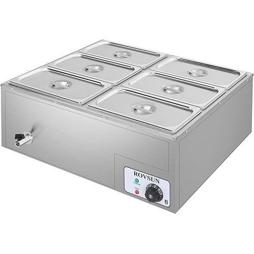 ROVSUN 42.3QT Electric Commercial Food Warmer, 6-Pan Steam Table Countertop, 6.9 QT/Pan Stainless Steel Bain Marie Buffet with Temperature Control & Lid for Parties, Catering, Restaurants 1200W 110V