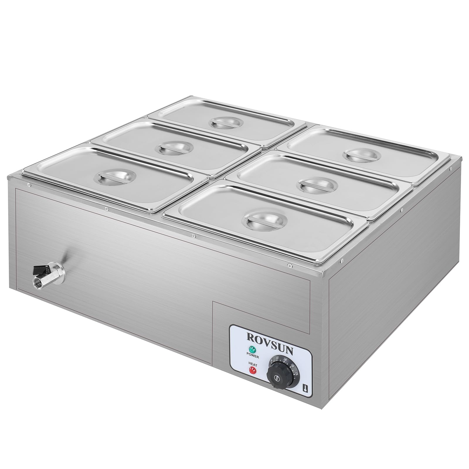 ROVSUN 42.3QT Electric Commercial Food Warmer, 6-Pan Steam Table Countertop, 6.9 QT/Pan Stainless Steel Bain Marie Buffet with Temperature Control &