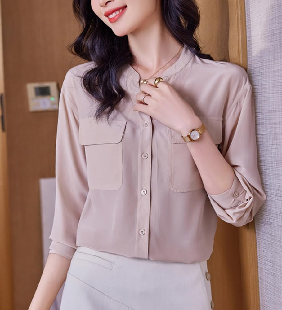 DISSA Chemise Soie Poches Poitrine Encolure V Manches Longues