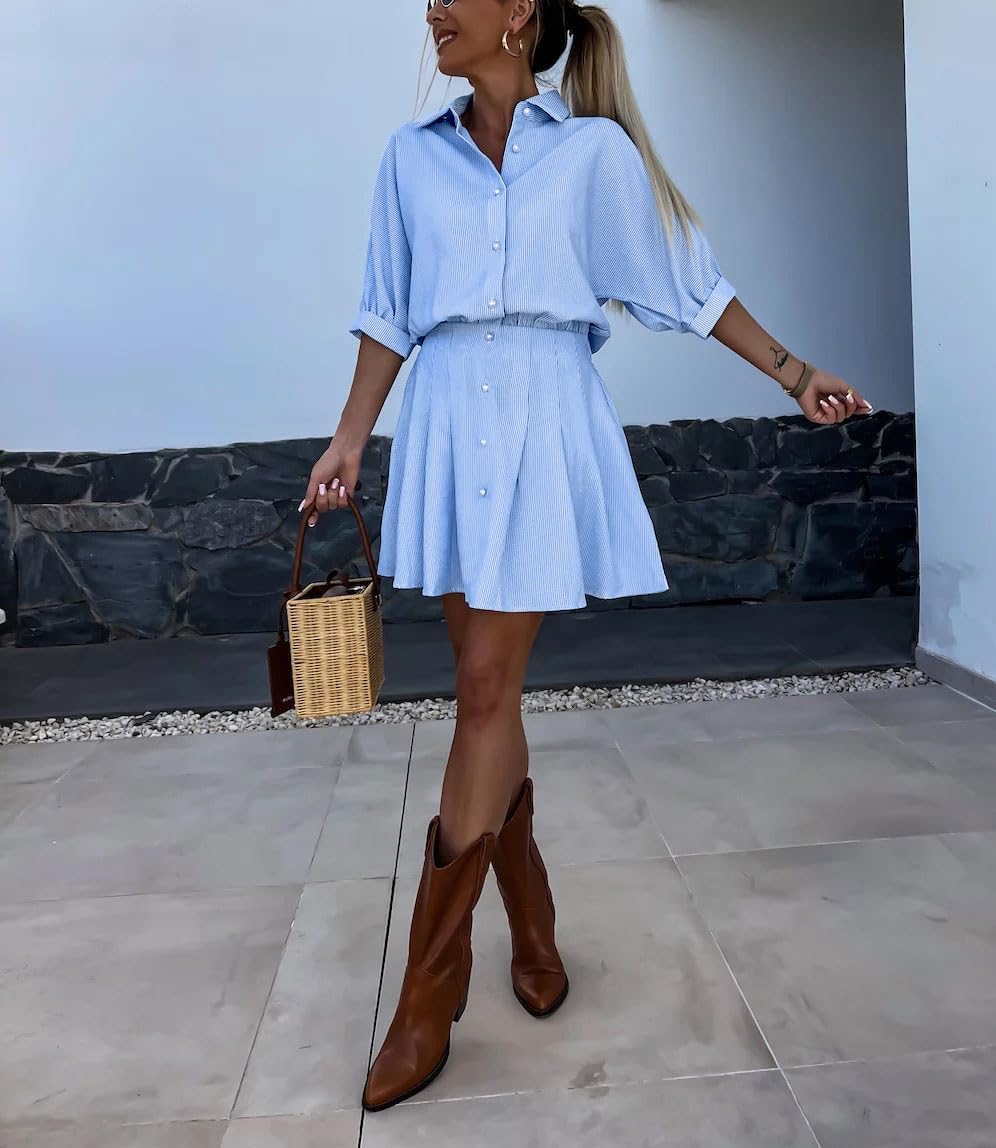 chouyatou Women's 2 Piece Outfits Striped Lapel Button Down Shirt Pleated Mini Skirt Matching Set Travel Outfit - Image 2