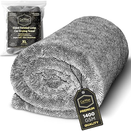 CarMax - Toalla de Secado para automóvil con Bucle Trenzado Gigante - Doble Cara XL - 60 cm x 40 cm Toalla de Microfibra de 1400 g/m² para un Secado y Detalles rápidos y sin Rayas.