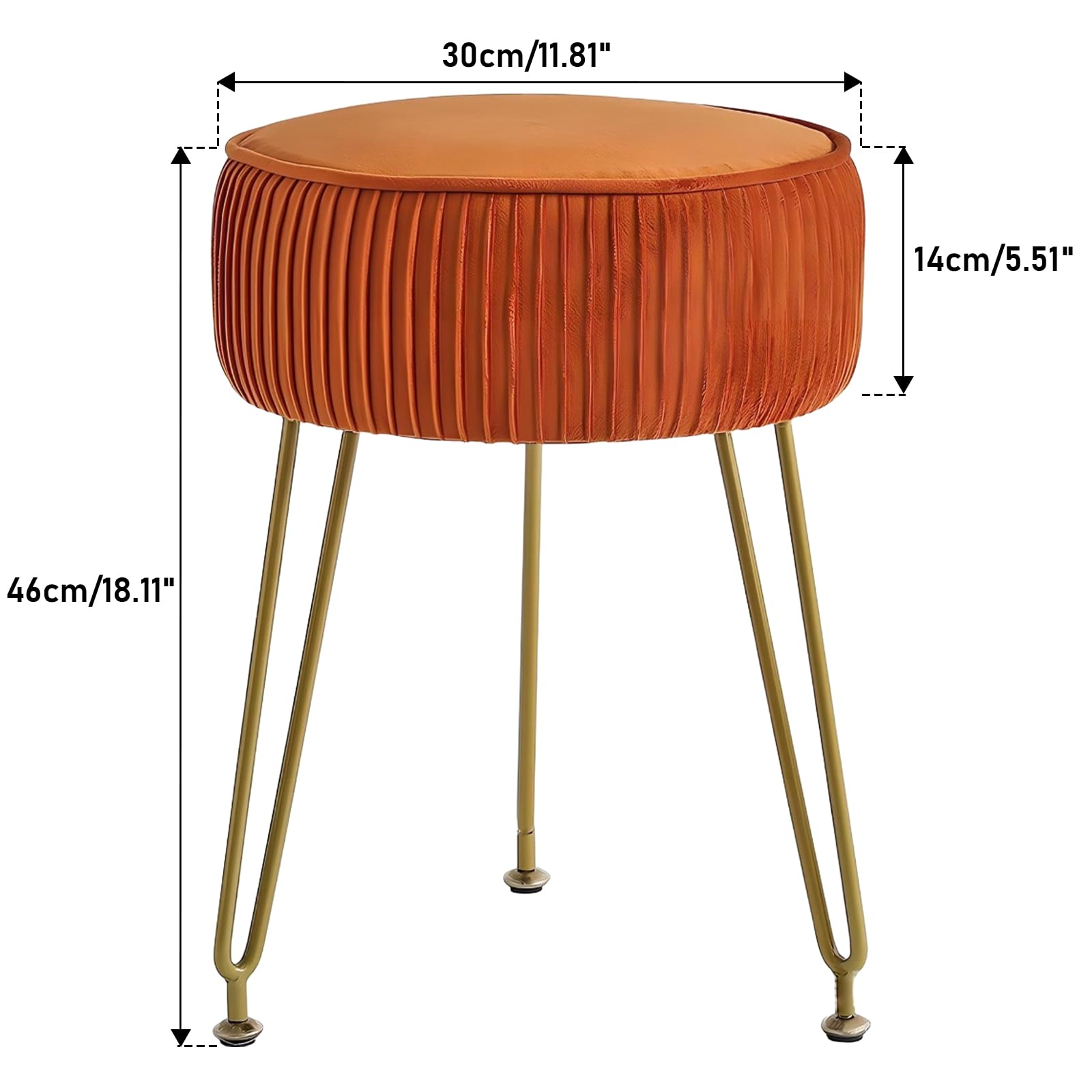 AYES Tabouret ottoman en velours avec siège rond, chaise de coiffeuse rembourrée en peluche, pieds robustes en métal doré pour chambre à coucher et coiffeuse, orange
