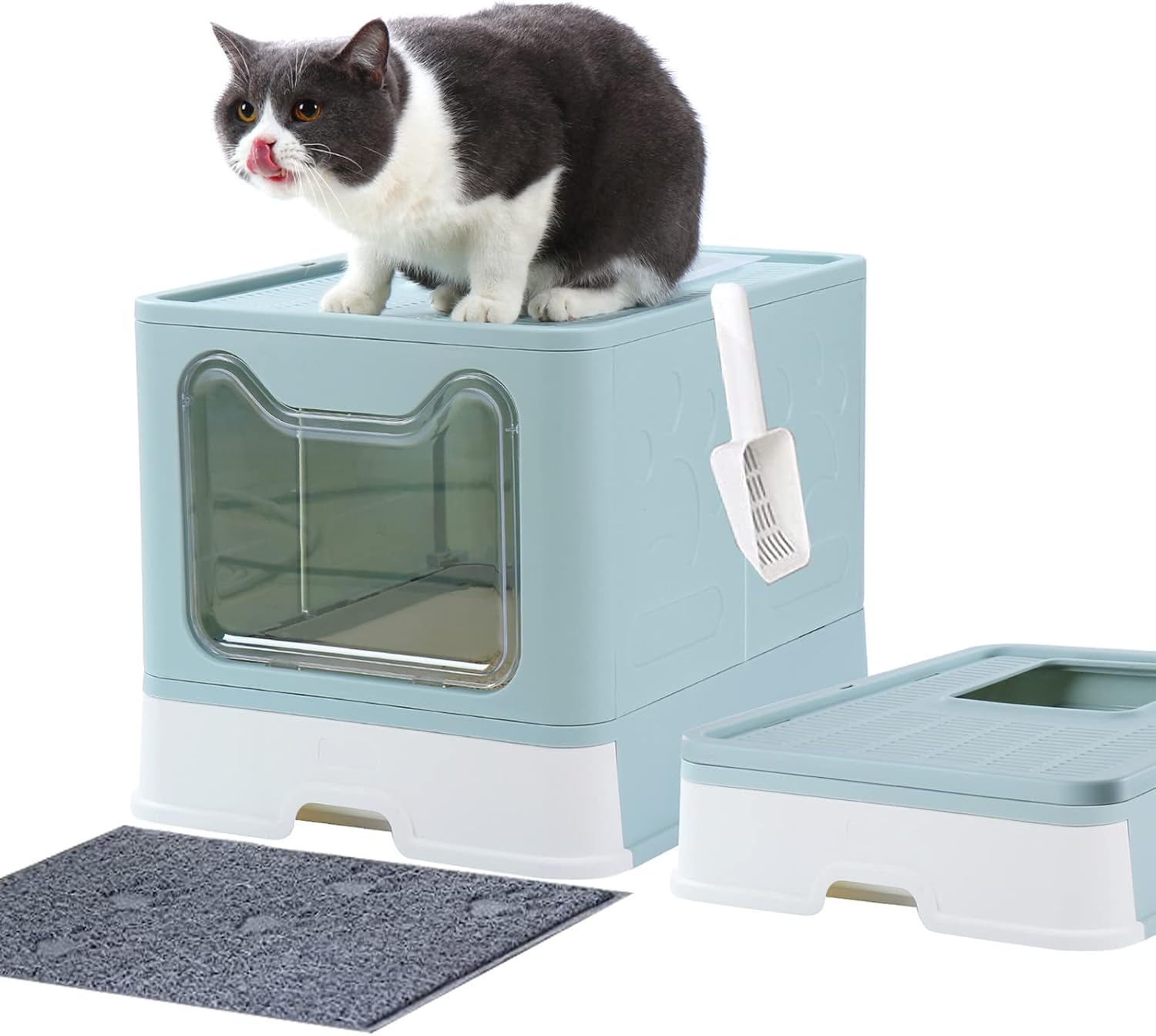 COBETE Cat Litter Box, Foldable Top Entry Covered Cat Litter Box with Lid, Easy Clean No Smell Pet Jumbo Litter Box with Mat and Scoop (Blue)