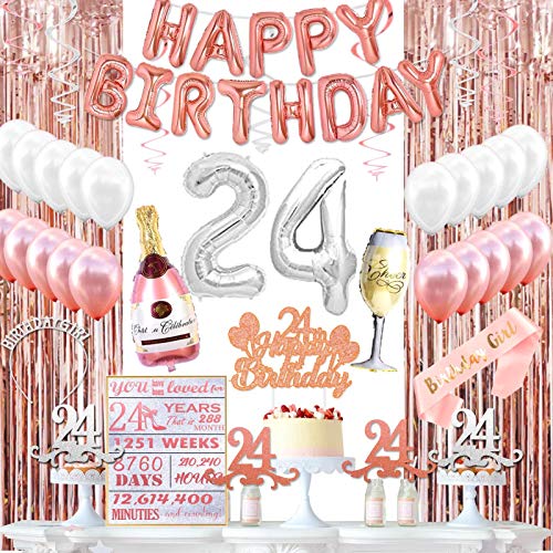 KeaParty 24th Birthday Decorations for Her, 24th Birthday Party Decorations Supplies Kit, 24th Birthday Crown, 24th Birthday Sash, 24th Birthday Balloons, 24th Birthday Cake Toppers, Birthday Banner, 24th Birthday Card for Rose Gold 24th Birthday Dec
