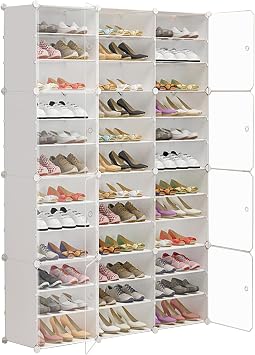 Portable Shoe Rack Organizer 72 Pair, Enclosed DIY Shoe Storage, White Plastic Closet Shoe Organizer with Transparent Door, Shoe Organizer, Expandable for High Heels, Boots