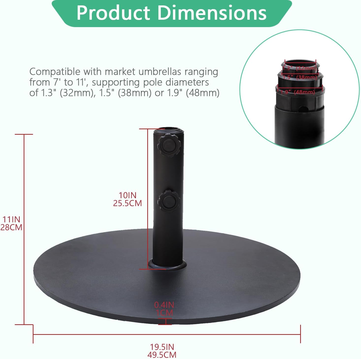 Helios&Hestia 33lbs Heavy Duty Round Outdoor Patio Umbrella Base, Steel Plate Stand Weight with 4 Non-Slip Pads, Fits 7 to 11ft Market Umbrellas, Black
