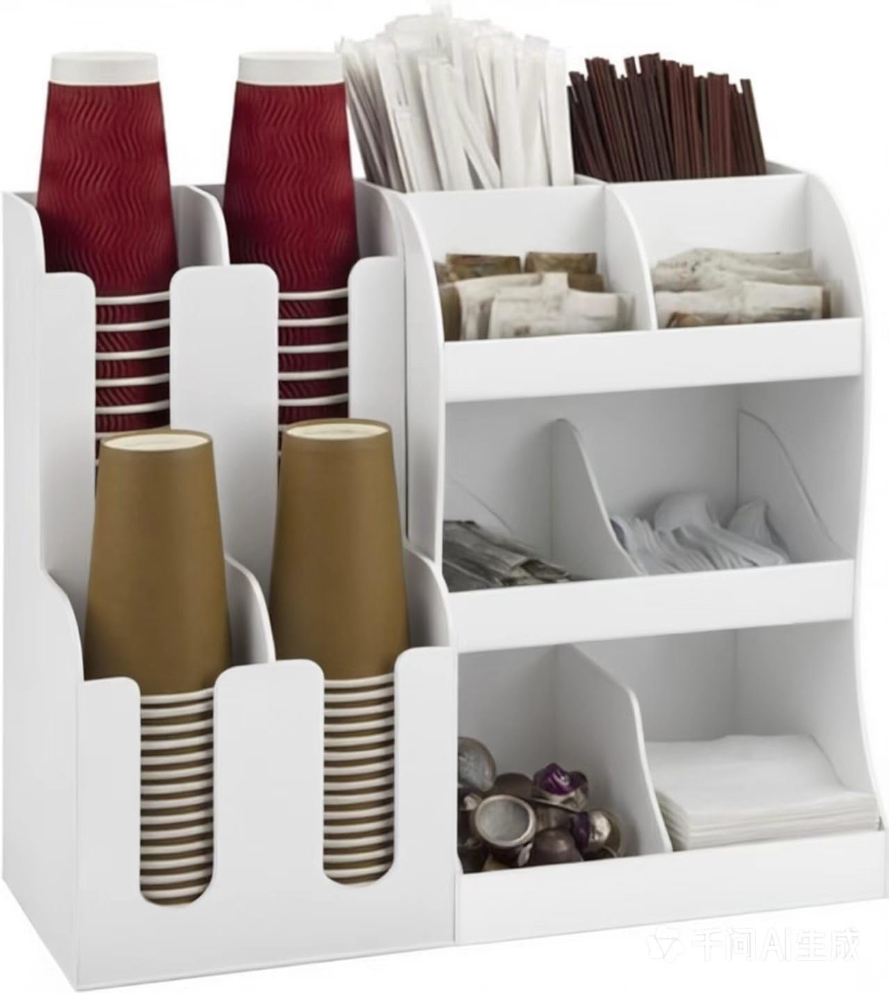 Organizador de condimentos para café, estación de 12 compartimentos con 4 portavasos, ideal para agitadores, paquetes de azúcar, bocadillos, oficina, hogar, 47x20x40cm (18 dimensiones compactas