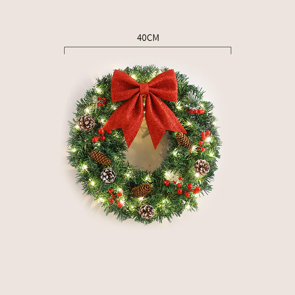 Couronne de Noël à Piles, couronnes de Noël pour Porte d'entrée, Couronne de Noël extérieure, couronnes de Noël avec lumières, alimentées par Batterie et réutilisables. (40cm)