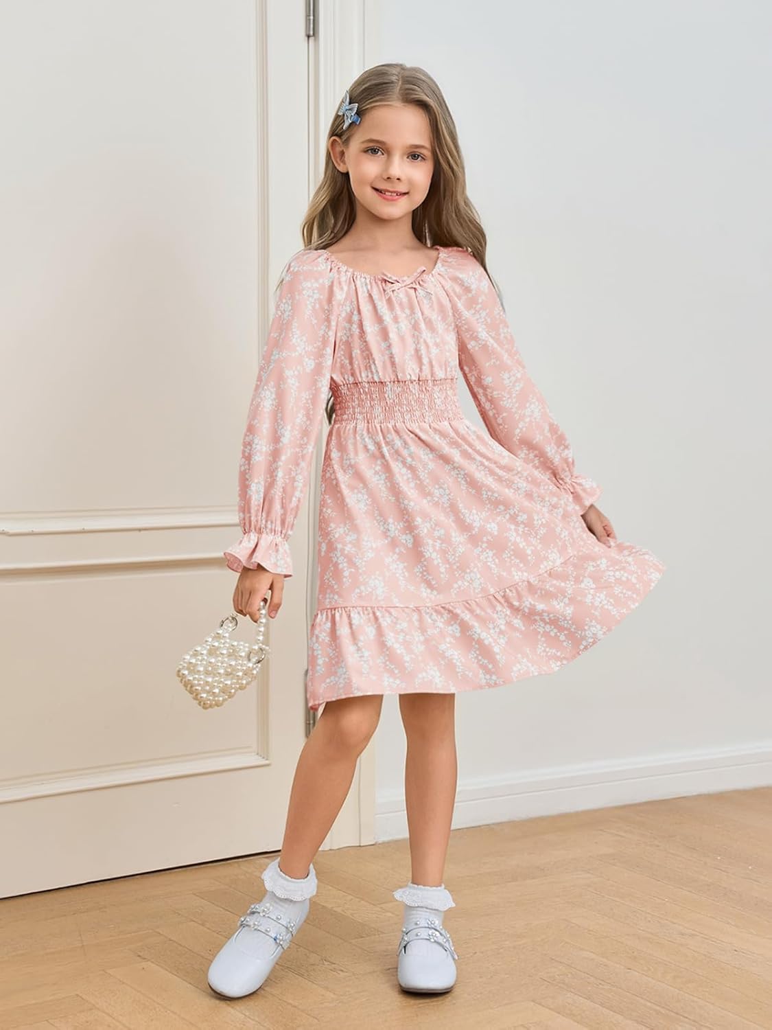 Haloumoning Girls Fall Long Sleeve Floral Dresses Kids Square Neck Smocked Holiday Party Dress 5-14 Years - Image 5