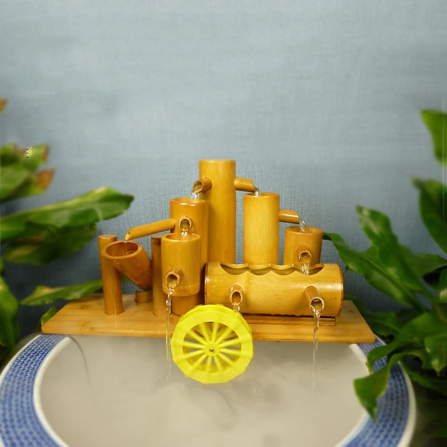 Bamboo Fountain Decor, Garden Water Feature, with Water Pump, Waterwheel and 3 Lotus, Outdoor FlowingGarden Decoration