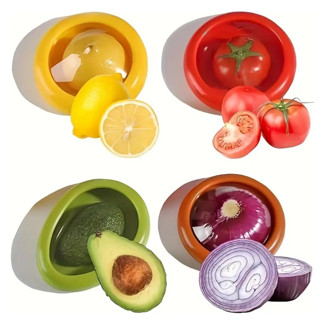 SIPTALES 4 PCS Silicone Fruit & Vegetable Shaped Savers, Storage Containers For Fridge, Avocado Lemon Tomato and Onion Keeper, BPA Free Food Saver, Holder, Refrigerator Vegetable Crisper.