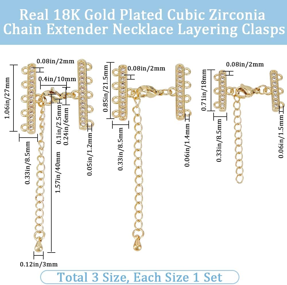 Beebeecraft 3 Sets 3 Style Layering Clasp 18K Gold Plated Cubic Zirconia Multi Strand Layered Necklaces Clasps Adjustable Chain Connectors with Lobster Claw Clasps for DIY Jewelry Making