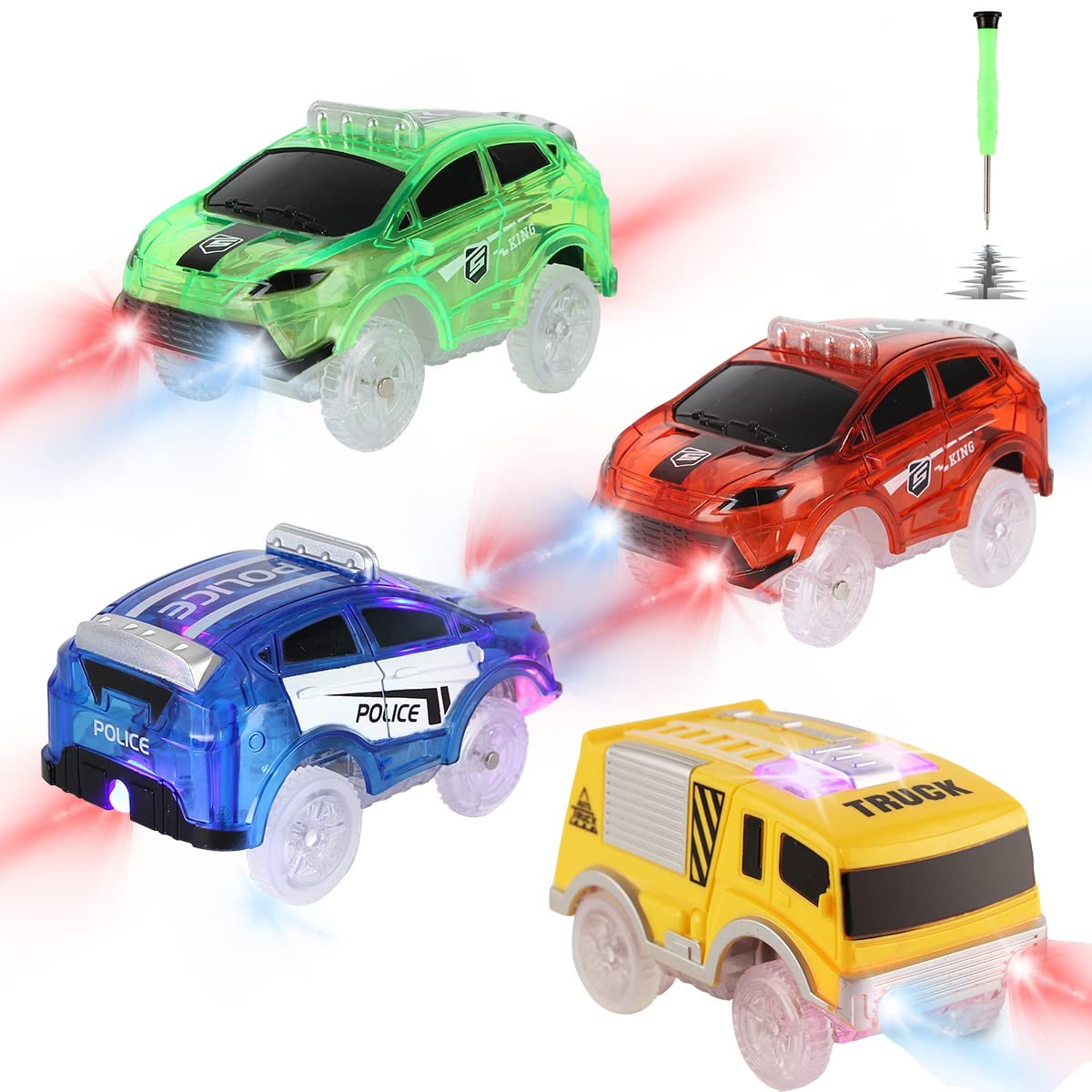 Voiture Enfant 3 Ans 4 En 1 Dinosaure Jouet Lumineux LED - 4 Petites Voitures Cars Compatible Circuit - Cadeau Idéal Garçon Fille 3-6 Ans