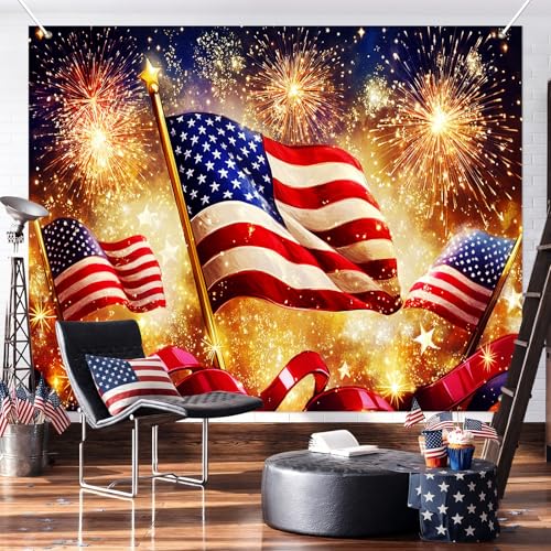 Image of BlissYard 4th of July Backdrop American Flag Fireworks Patriotic Party Decorations 8x6ft for Memorial Day Veterans Day Independence Day Party Photo Booth Red White Blue Stars Stripes