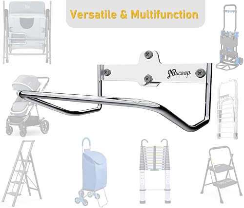 Miniatura 5 de JBscoop 2 ganchos de escalera de montaje en pared para cochecitos de almacenamiento de escalera y silla plegable, soporte de escalera resistente a