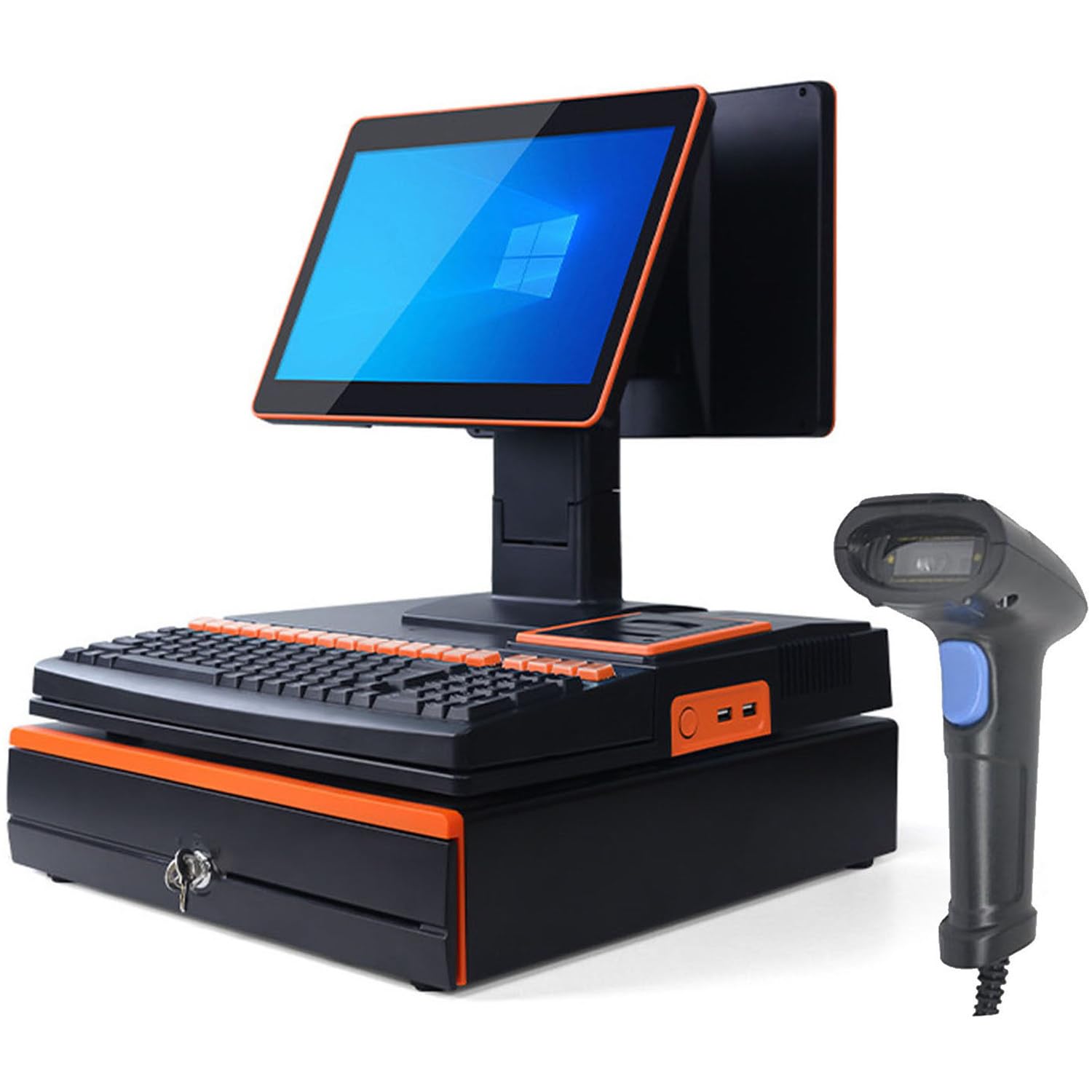 Tpv Tactil Hosteleria, Caja Registradora con Ticket,15,6" Doble Pantalla + Impresora Térmica + Escáner Portátil,Gestión Pedidos + Pago Cobro,Restaurante/Bar,Comerciantes Double
