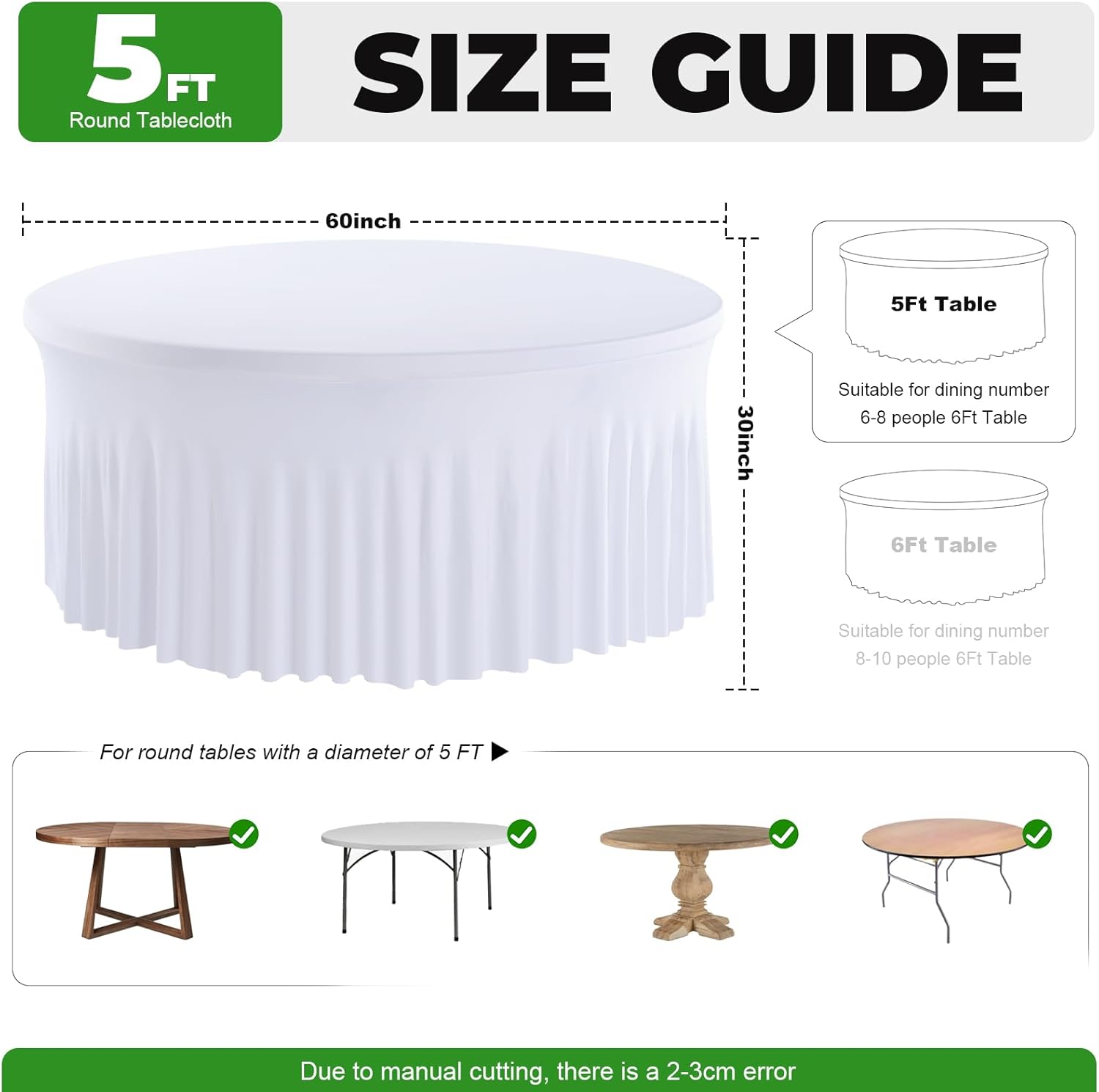 JCJ 2 Pack Round Tablecloth 60 inch, White Spandex Fitted Table Cover with Skirt for 5ft Table Wedding Party Banquet Events