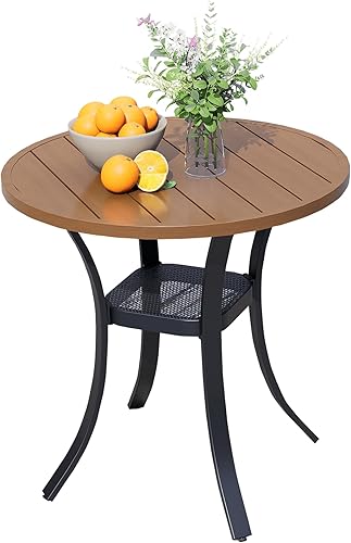 Miniatura 7 de Mesa de patio al aire libre de 27.5 pulgadas con estante de almacenamiento, mesa de jardín redonda de metal resistente de 400 libras, mesa de nogal