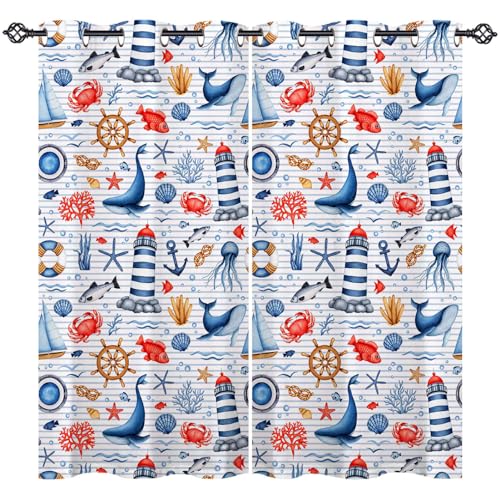 ANHOPE Nautisch Anker Ruder Wal Gardinen Blickdichte mit Ösen Weich Thermo Vorhänge Blackout Curtain Vorhang Wohnzimmer Schlafzimmer Verdunklungsvorhänge 2er Set H 175 x B 140 cm