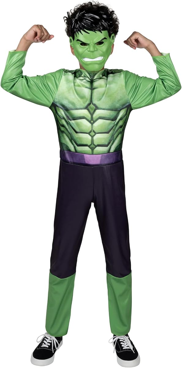 Disfraz oficial de Halloween para jóvenes de Marvel Hulk, mono de tela de primera calidad con diseño impreso y máscara de plástico