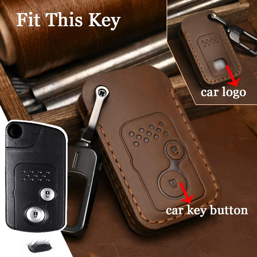 HIBEYO Key Case for Honda Accord CIVIC CRV Fit 2006-2015 2/3 Buttons Leather Smart Key Fob Case with Keychain for Honda Key Fob Cover Shell Smart Car Key Accessories-2 Button Brown