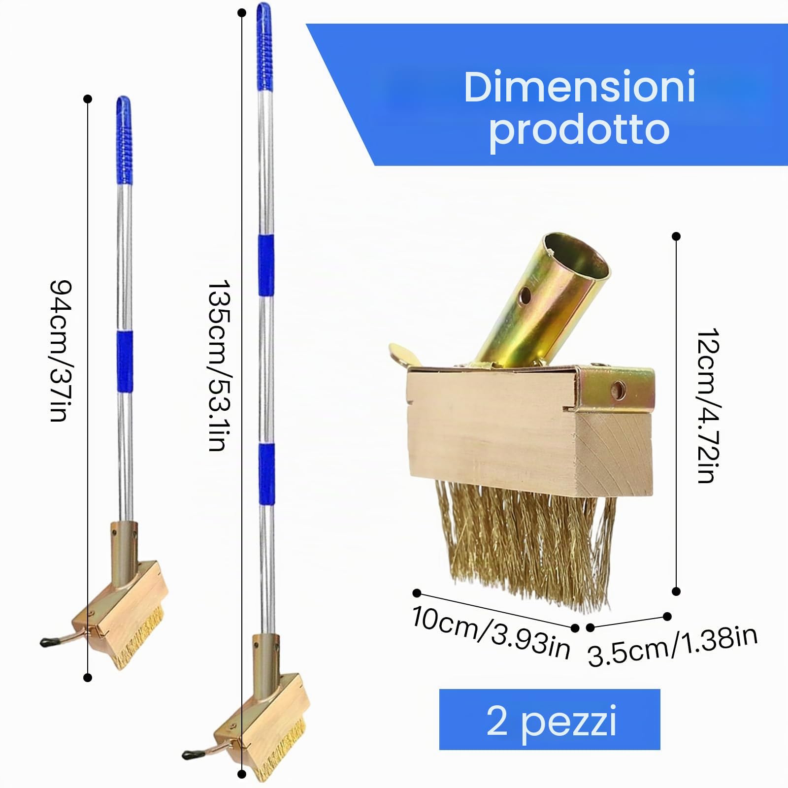2 Pezzi Scopa Metallica con Manico Regolabile 135 cm, Spazzola in Acciaio Inox con Setole Rigide per Esterni, Spazzola per Pavimenti Giardino e Terrazza, Rimuove Erbacce