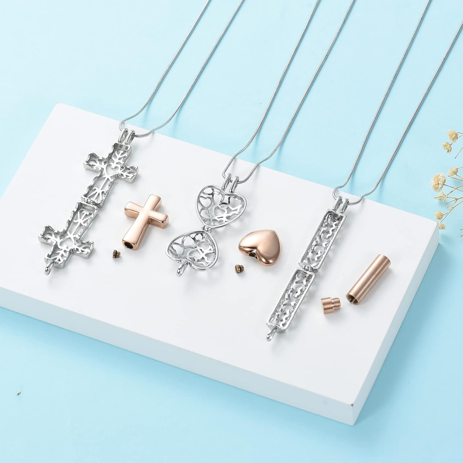3 Pcs Cylinder/Cross/Heart Urn Necklace for Ashes Cremation Jewelry for Women Men Stainless Steel Memorial Necklaces Ash Holder for Human Pets Keepsake Jewelry for Loved Ones with Fill Tool