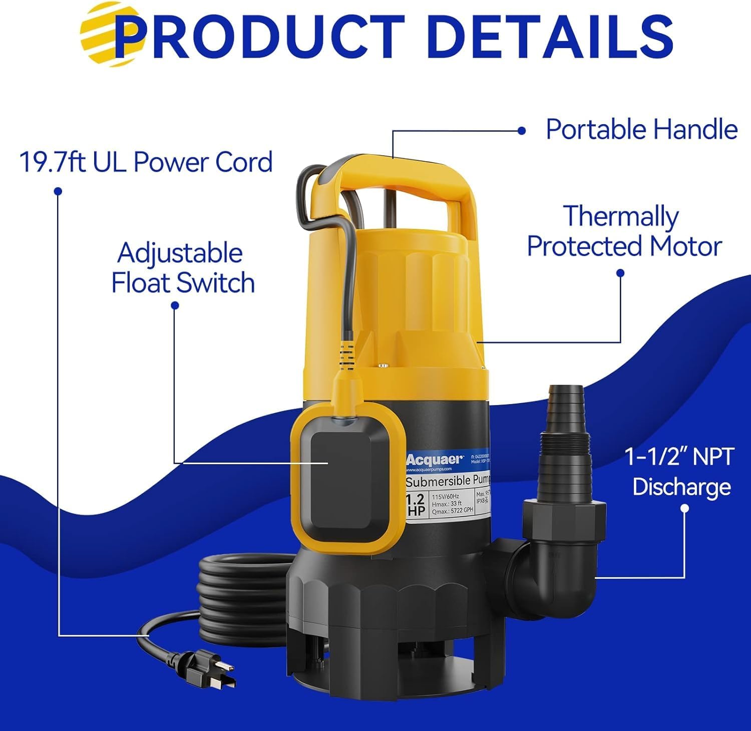 Acquaer Sump Pump Submersible Water Pump for Water Removal in Hot Tubs, Pools,Basements, and Garden Ponds, Yellow