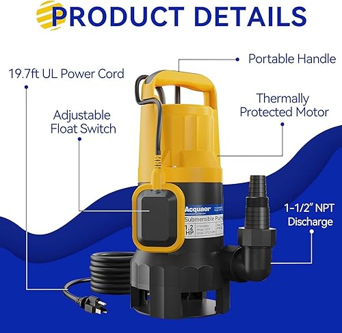Vista 38 de Acquaer Bomba de sumidero 1HP, bomba de agua sumergible de 4345 GPH para eliminación de agua en jacuzzis, piscinas, sótanos y estanques de jardín