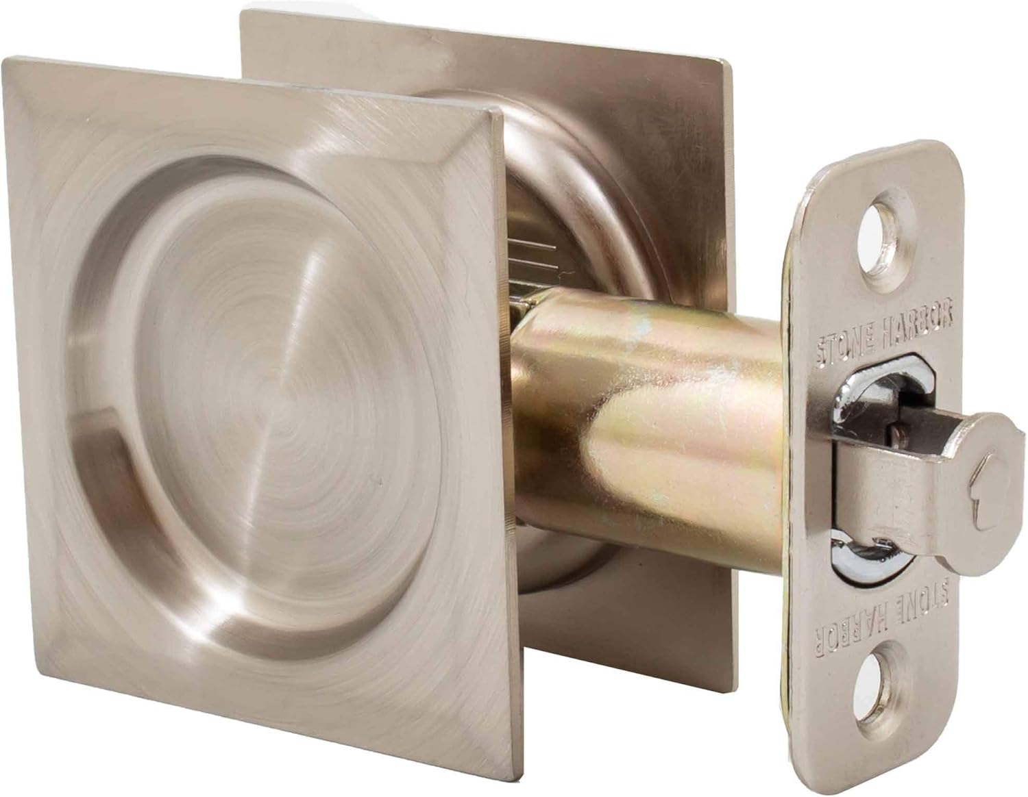 Contemporary Square Pocket Door Lock, Passage (Hall/Closet) Latch, 2-3/8" Backset, RCL, Satin Nickel by Stone Harbor Hardware