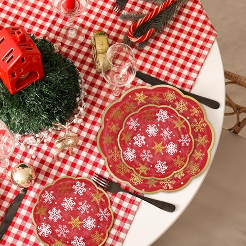 LeZakaa 25Pcs Christmas Paper Plates, Red Snowflake Gold Foil Stamped Finish Scalloped Edge Disposable Party Plates Decorative Tableware Supplies for Holiday Dinner Dessert, 9 Inch – Image 3