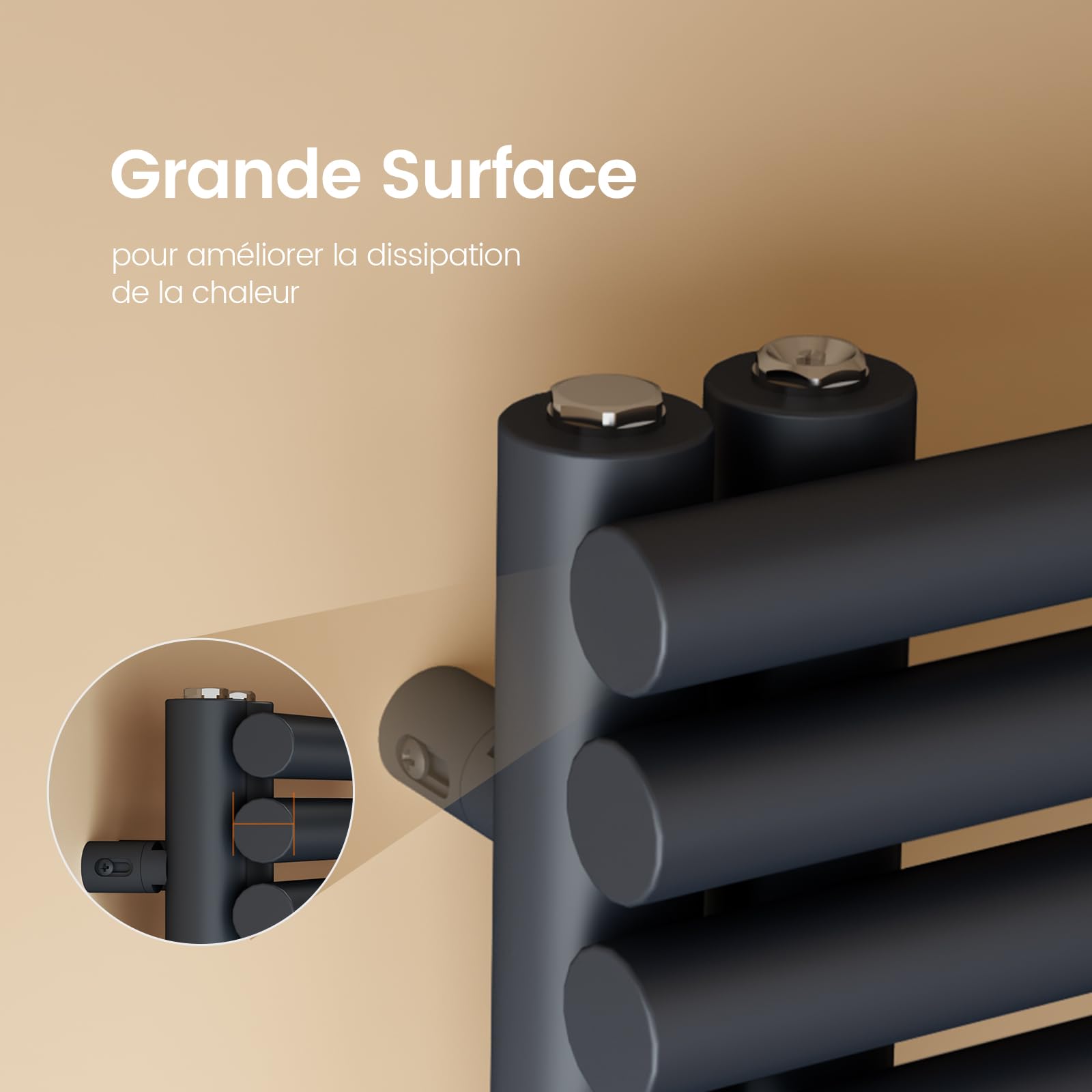 EMKE Sèche Serviettes à Eau Chaude, 1265 x 600 mm, Anthracite, 776W | Tuyaux Ronds Porte-Serviettes, Chauffe-Serviettes avec raccords latéraux, Chauffe-Serviettes Bain