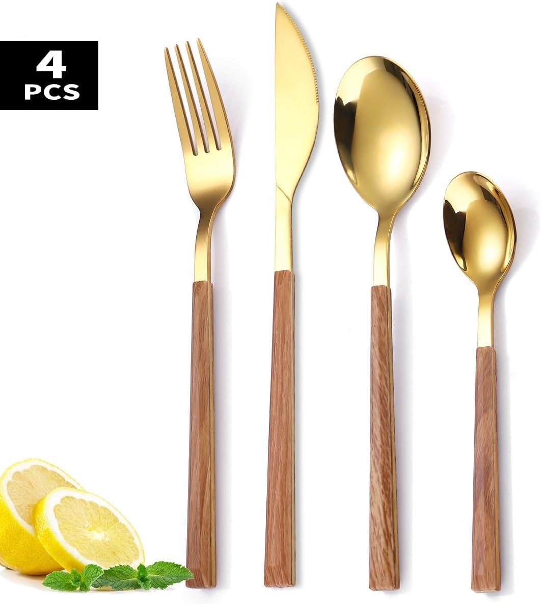 Silverware Flatware Set, 4/16/24/32/40/48 Pieces Plastic Handle Stainless Steel Tableware Set Home Golden Hotel Restaurant Home Steak Knife, Fork And Spoon(White Silver,6Set-24Pcs)