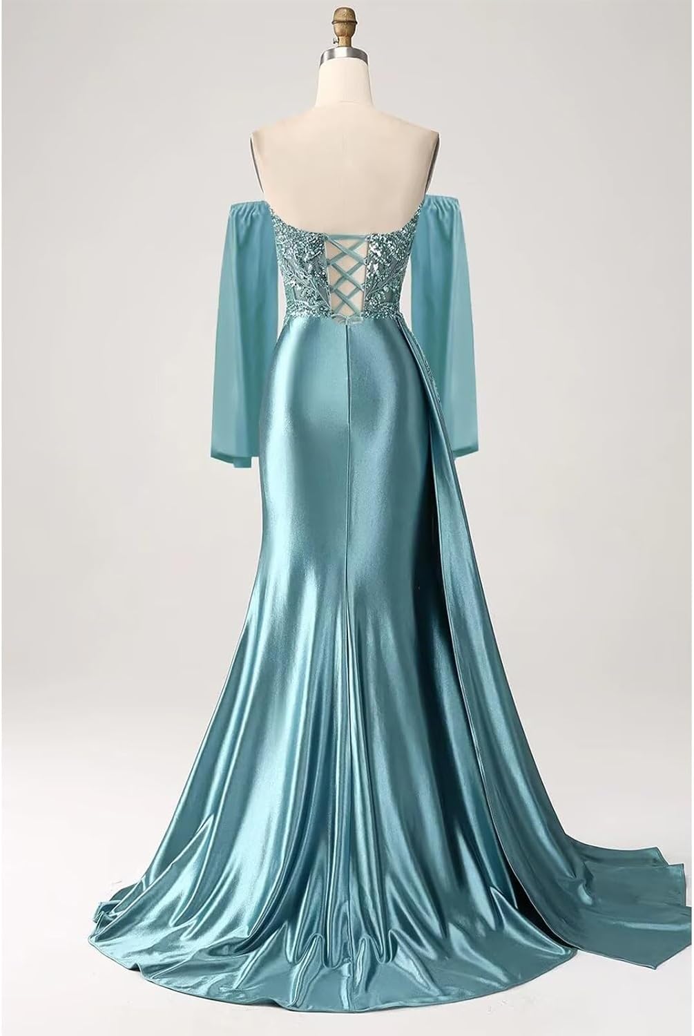 V Neck Prom Dresses with Sleeves Satin Mermaid Formal Evening Gown Long Bodycon Wedding Party Dress - Image 3