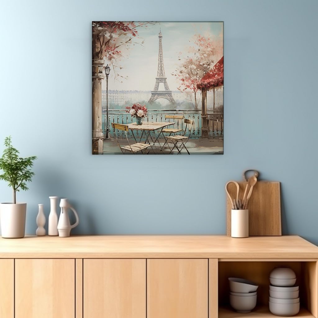 Canvas for Living room. Romantic Parisian Street Scene - Elegance Captured in a Table for Two with the Eiffel Tower, 27 x 18 inch Canvas Wall Art - Contemporary Masterpieces - Modern Home Decor