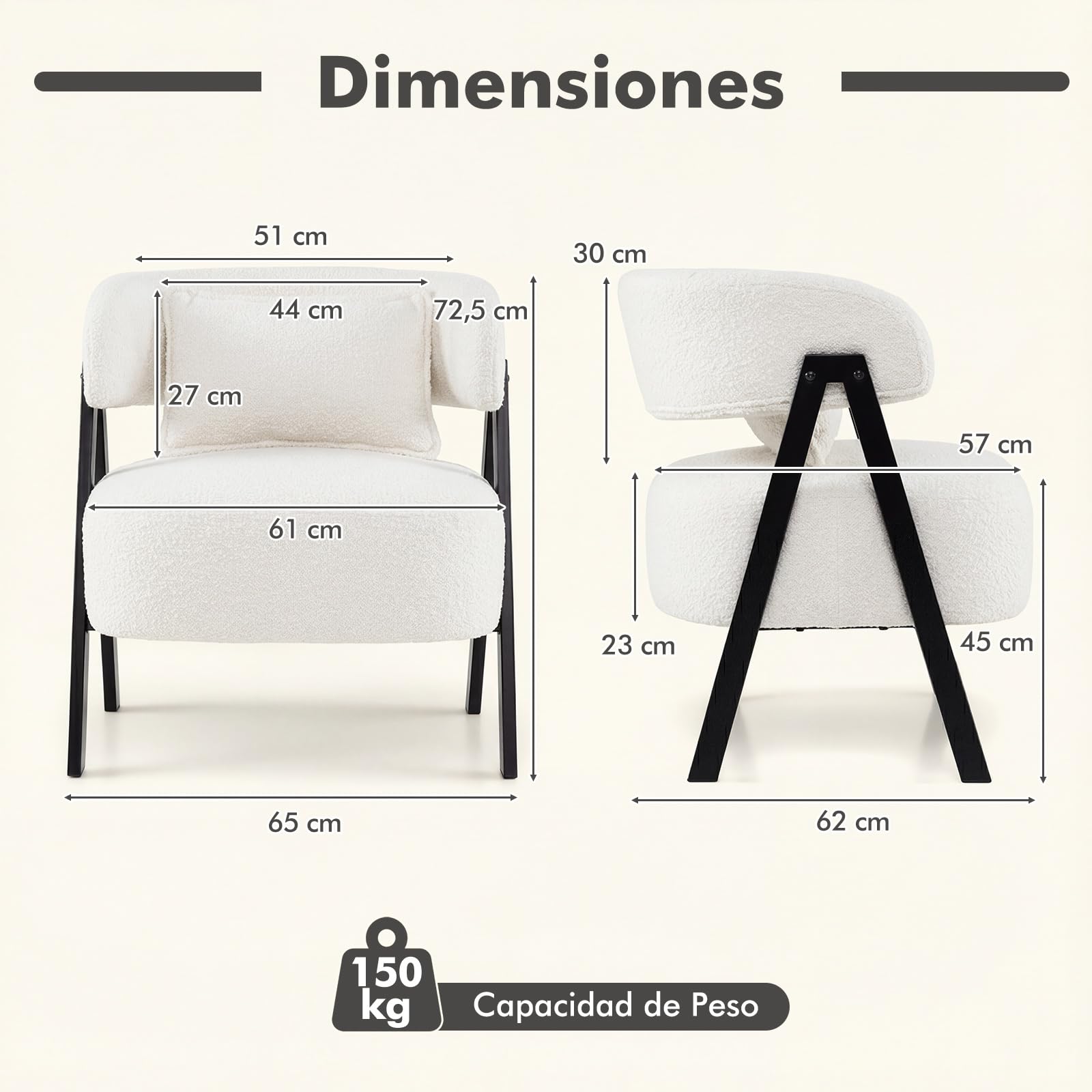 COSTWAY Butaca de Salón Tapizado en Imitación Conejo Suave, Sillón con Cojín Lumbar y Patas de Metal, Silla Estilo Escandinavo para Lectura, Sofá Individual de Ocio para Salón, Dormitorio (Blanco)