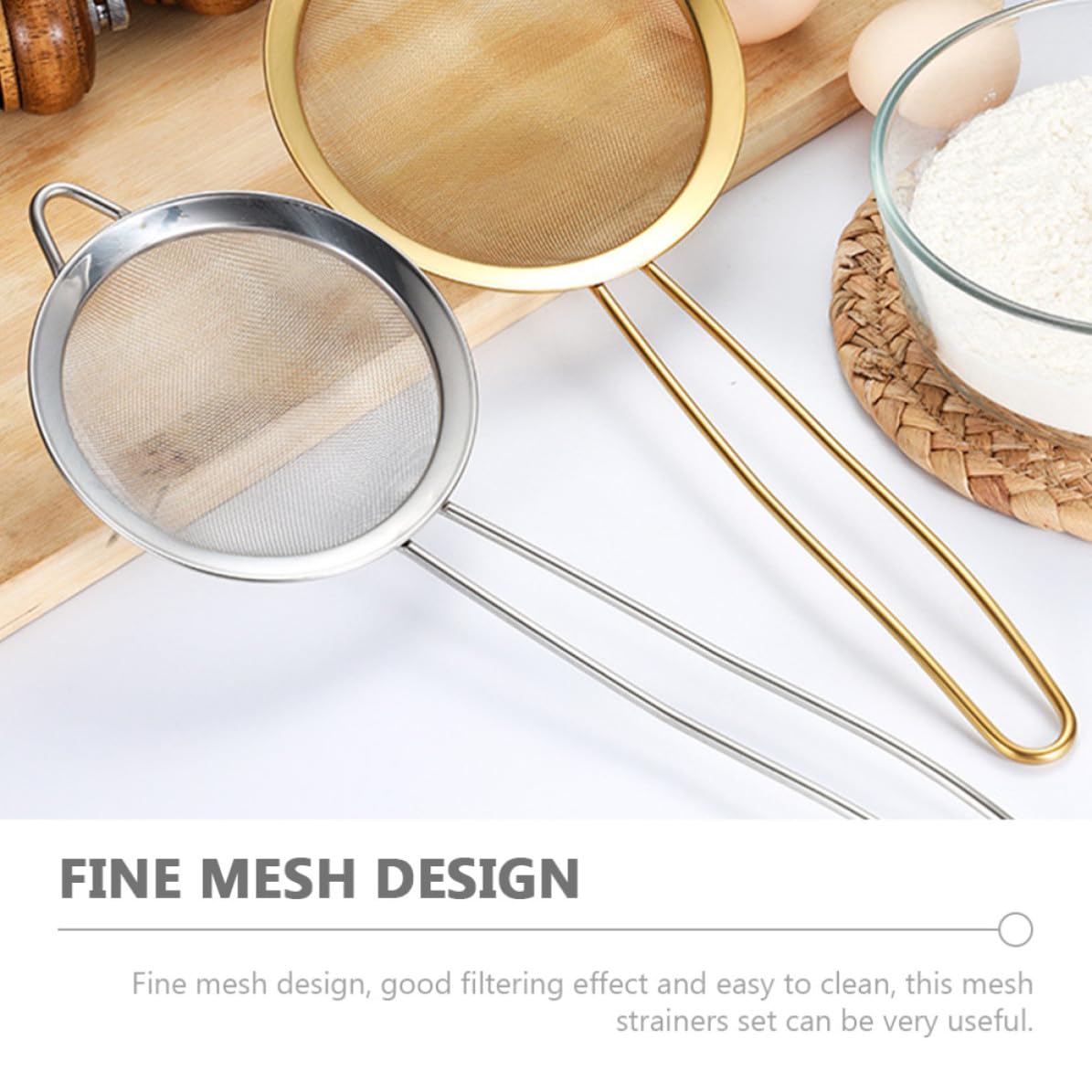 Set da 3 Pezzi Colino a Rete Fine in Acciaio Inox Dorato Foro per Appendere, Filtro Multifunzione per Succo, Farina e Uso Cucina