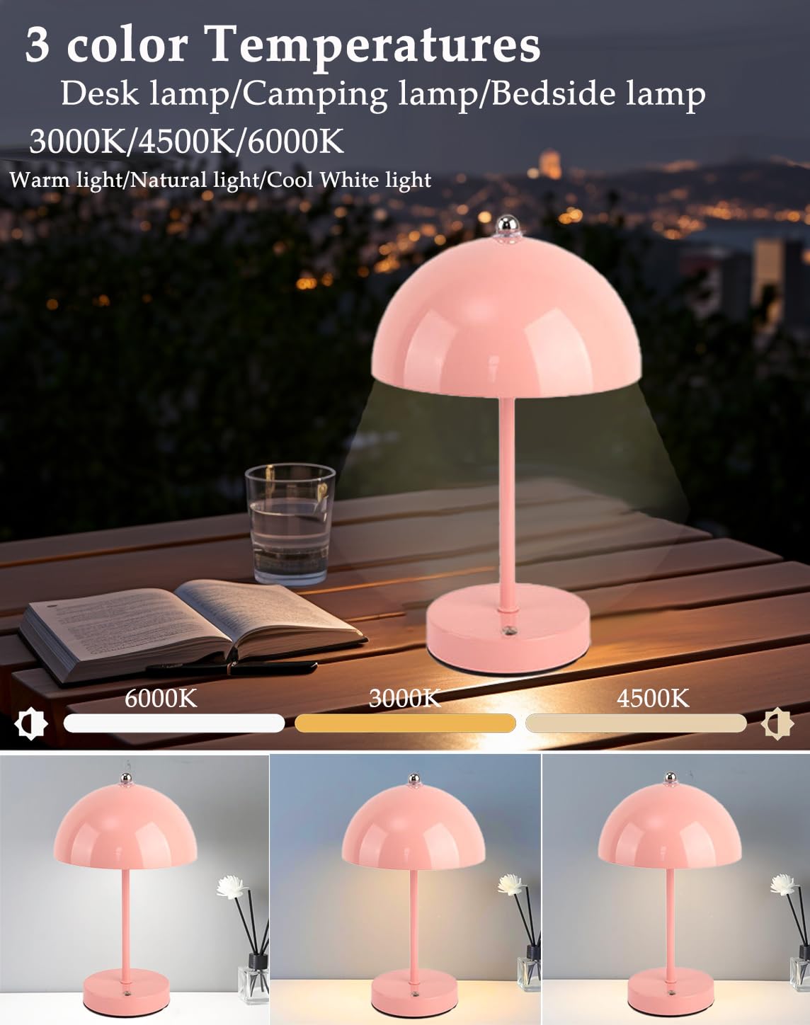 Kabellose Tischlampe Pilz Touchsteuerung Aufladbar, 3 Farbtemperaturen Dimmbare LED Nachttischlampe mit 1800mAh Akku, Bunte Macaron Deko Tischleuchte für Schlafzimmer Camping Bar Wohnzimmer,Rosa