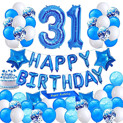 Minhero Lee Blue 31st Birthday Decoration Happy Birthday Banner Number 31 Balloons Blue Happy Birthday Sash Cake Topper Latex Confetti Balloons for Boys Men 31 and 13 Years Old Birthday Party supplies