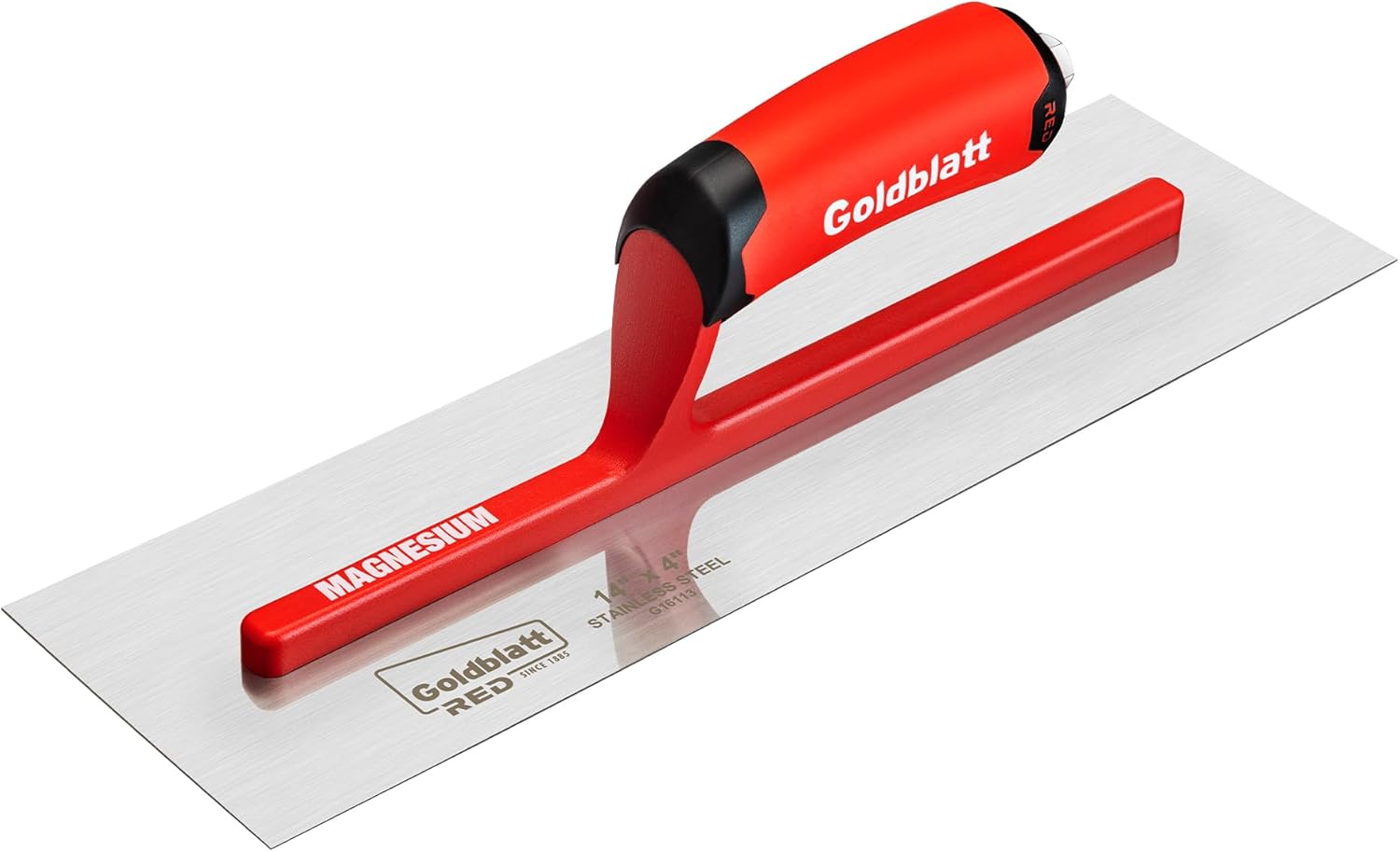 Goldblatt RED Professional Drywall Trowel, 14"x 4" Stainless Steel Finishing Masonry Trowel with Soft Grip Handle, Lightweight Magnesium Shank, Beveled Blade, Plastering Trowel for Sheetrock