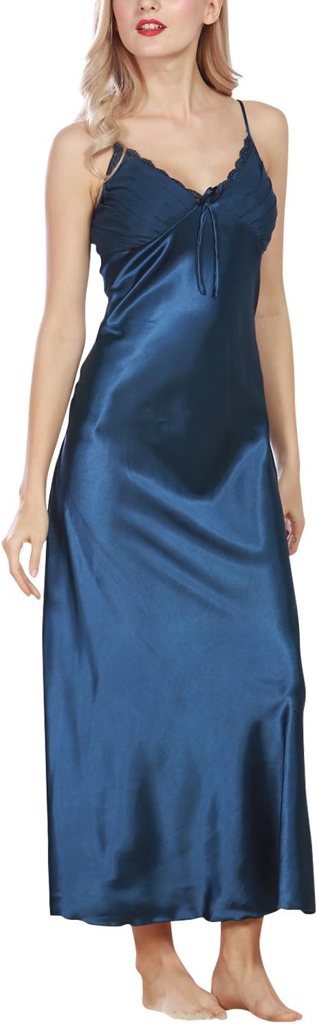 DolamenWomen’s Nighties Satin, Ladies Soft Silky Pyjamas Lace Nightwear, Luxury & Sexy Lingerie Spaghetti Strap Babydoll Chemise Long Nightdress, Size 12;14,16,18 etc.