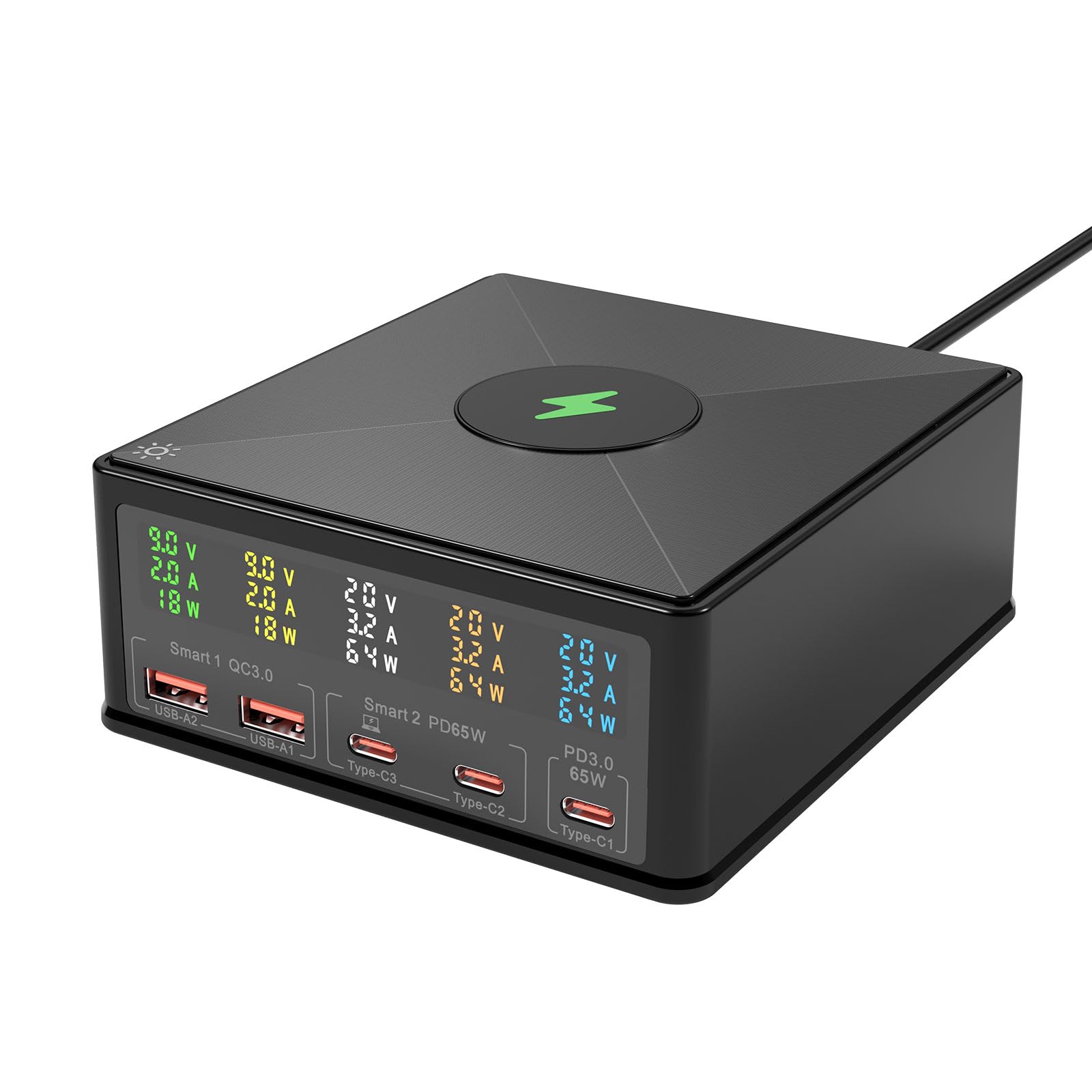Photo 1 of USB Charger Station Multi Port: Desktop 160W Power Fast Charging Hub Wall Block PD 3.0 – 5 Ports with Wireless Pad & Digital Display