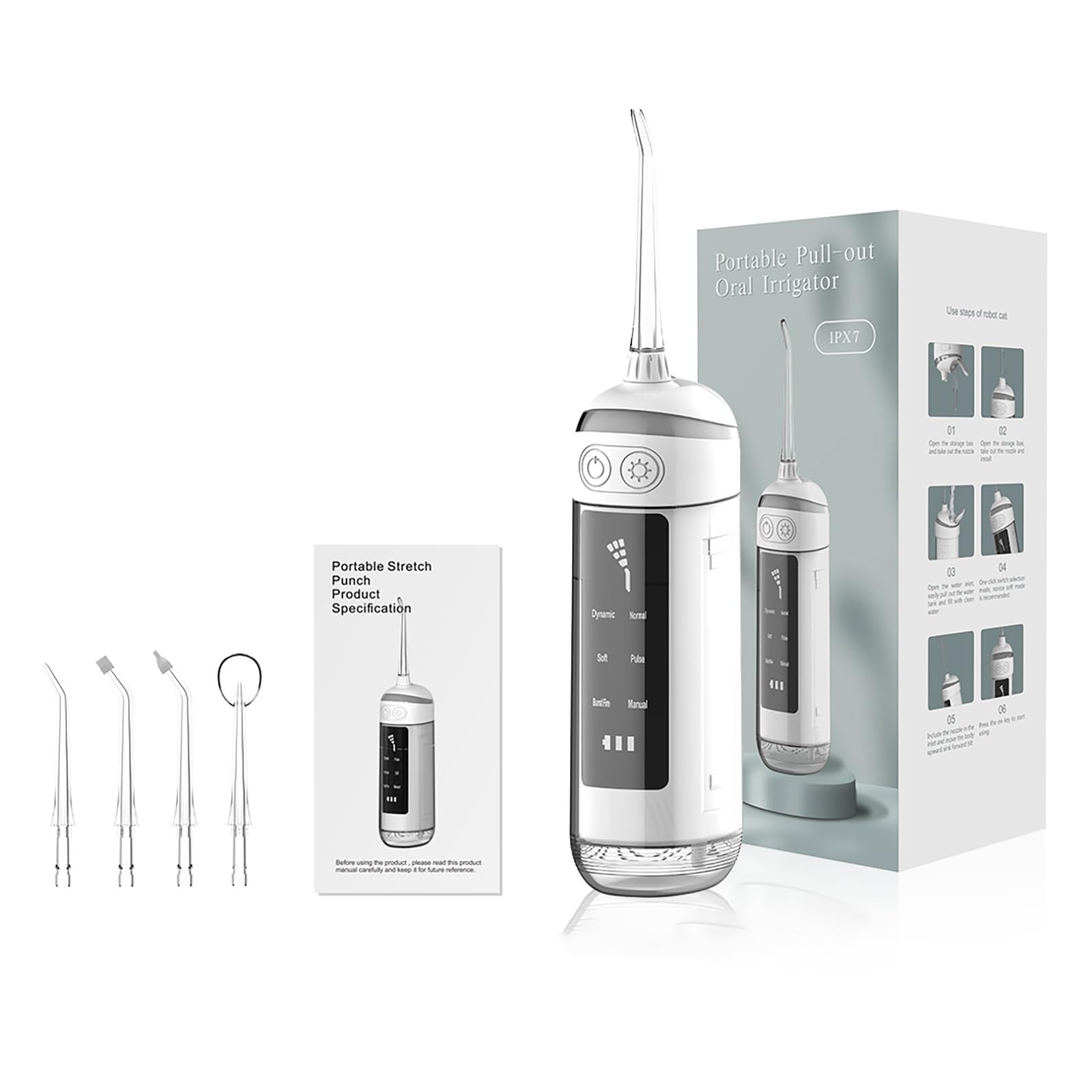 Irrigador Bucal Dental con Giro de 360° Ipx7 Resistente Al Agua 4 Boquillas 6 Modos de Descarga Motorizados Limpiador Dental con Recogedor de Agua Ideal for Uso Doméstico y de Viaje (Color : White)