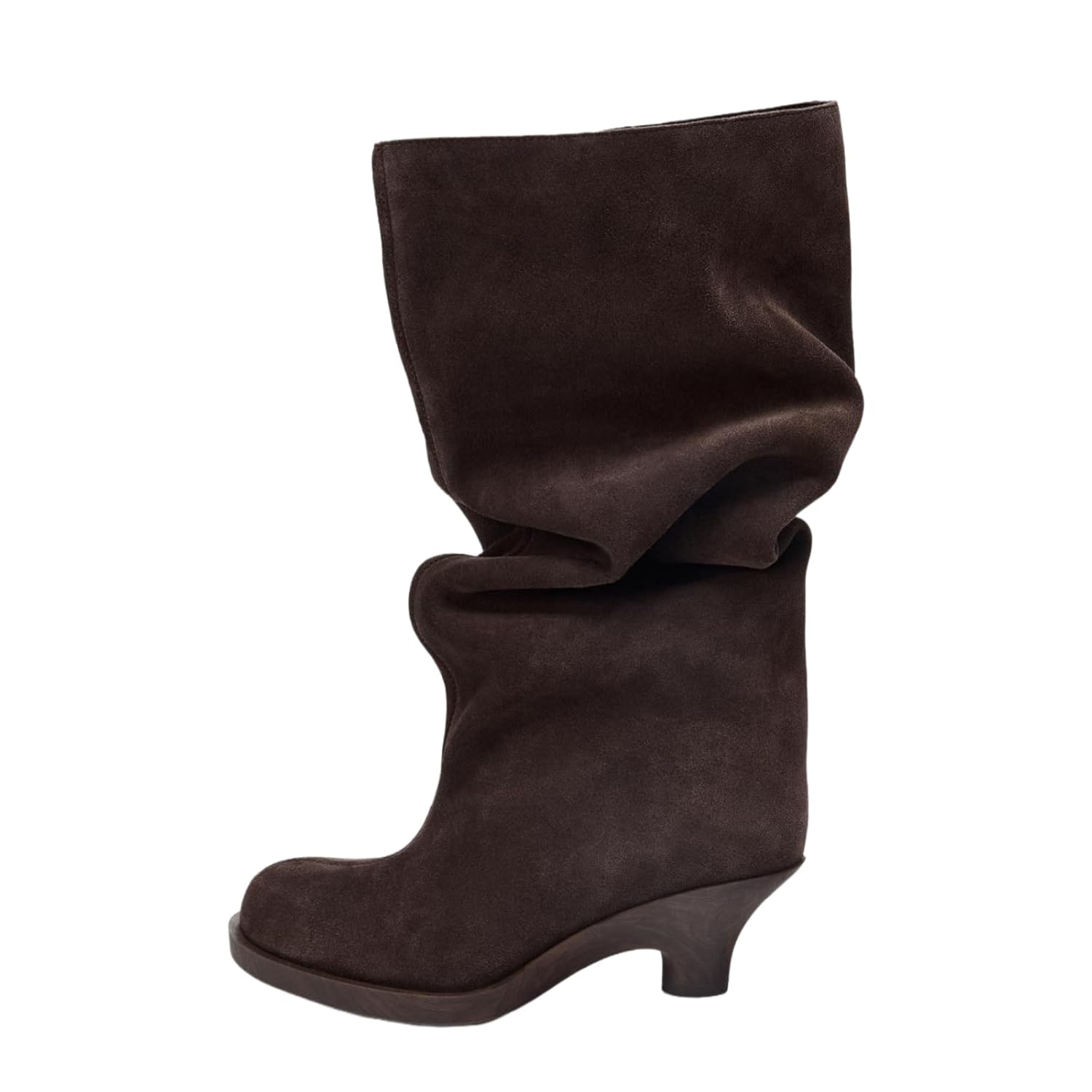 keleimusi Suede Leather Slouchy Knee High Boots Wide Calf for Women Long Round Toe Kitten Heels Boots Fall