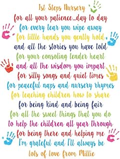 A gorgeous Personalised thank you poem from a child to a nursery, teacher, childminder, pre-school etc handprints print to say thank you to a Teacher or School, Present Gift Thank Leaving Quote
