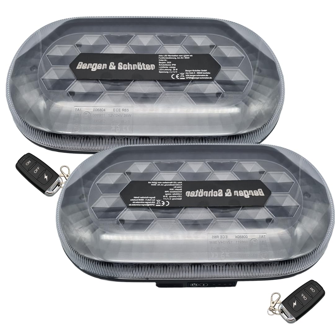 Berger & Schröter | 2er Set Akku LED Mini Warnbalken magnetisch, 12/24 V Warnlicht, Fernsteuerung per Funkfernbedienung, 4000 mAh, 7 Blitzmuster, wiederaufladbare Warnleuchte