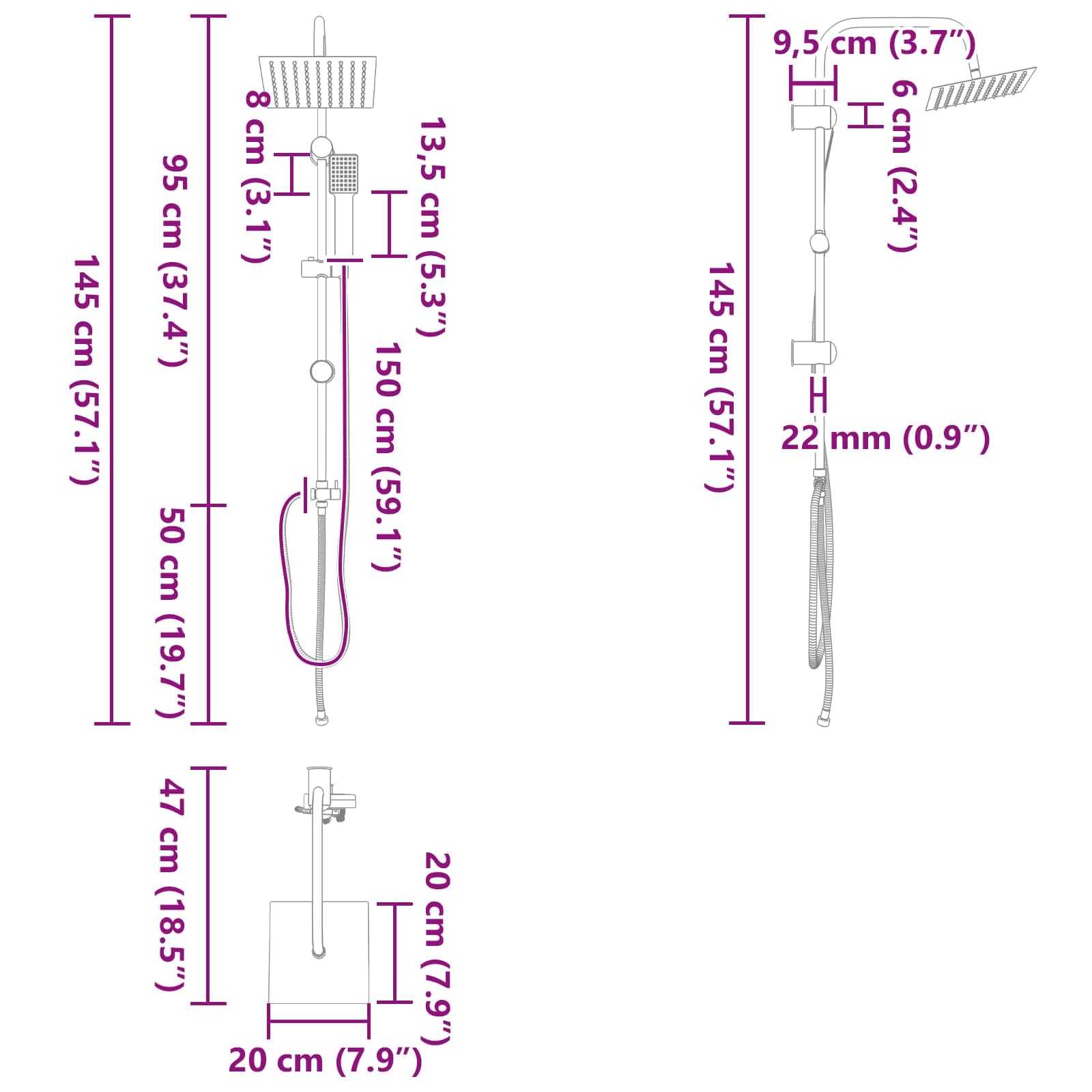 System prysznicowy ze stali nierdzewnej, czarny, 47 x 20 x 95 cm, z słuchawką prysznicową i głowicą prysznicową 2 w 1, oszczędność wody z funkcją masażu, regulowany deszczownicę do łazienki i