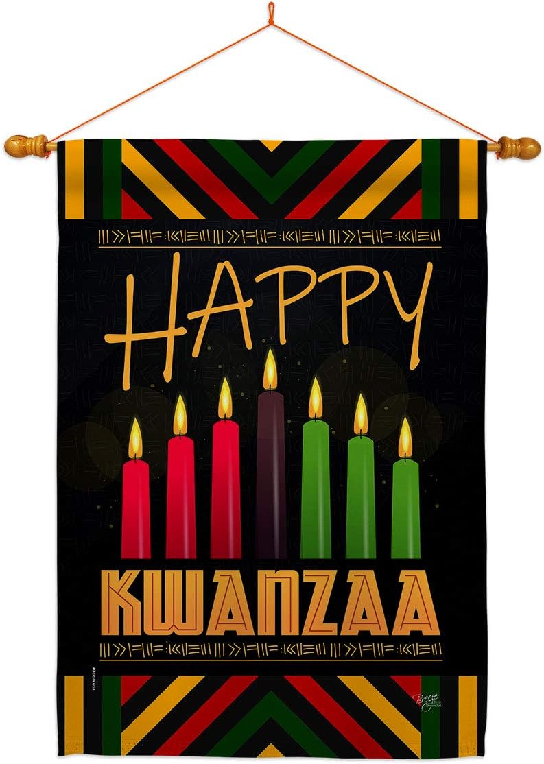 Breeze Decor Kwanzaa Greeting House Flag Dowel Set Winter Kinara Candles Celebrates African Americans Heritage Decoration Banner Small Garden Yard Gift Double-Sided, Made in USA