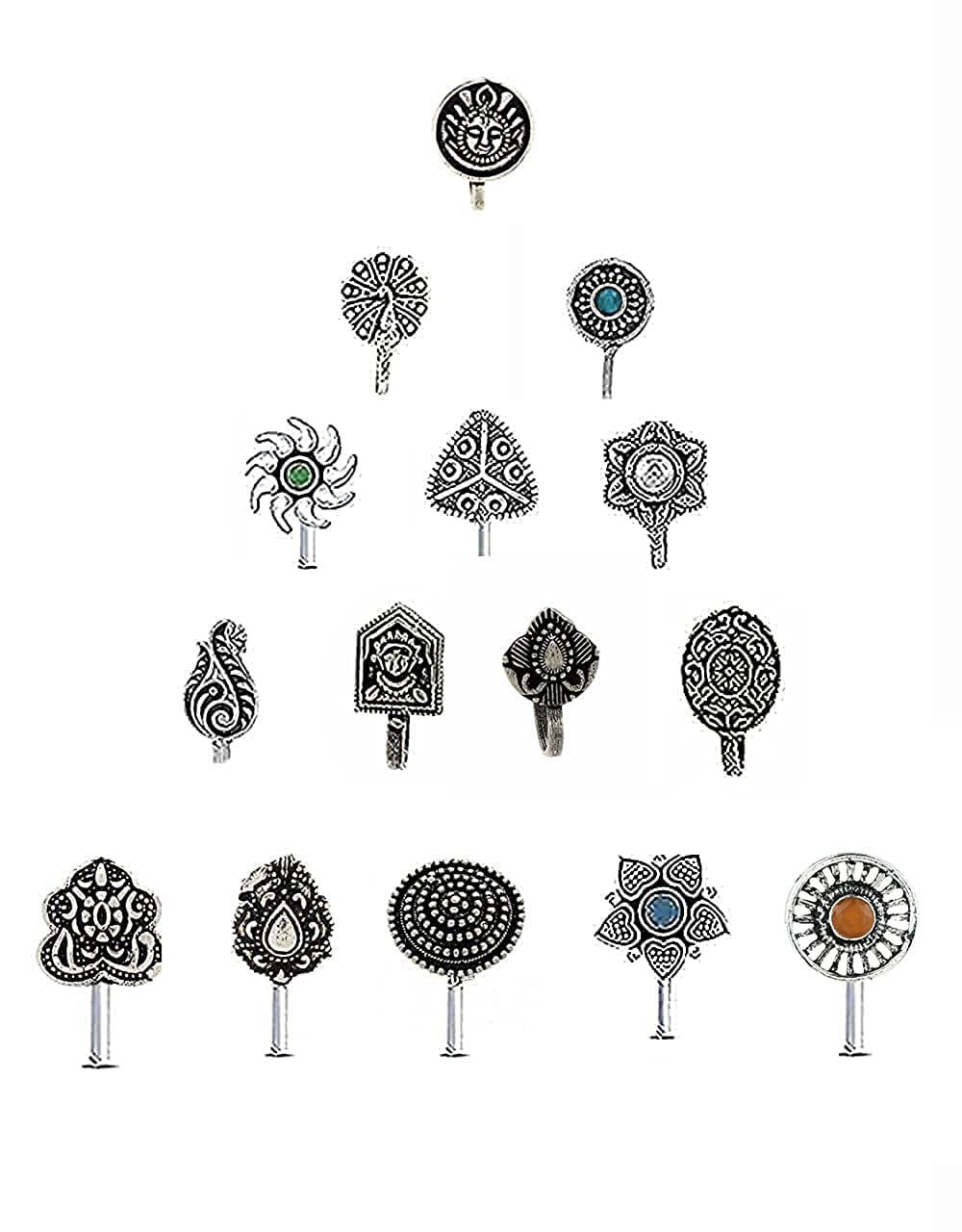 Silver Oxidised Tone Wonderful Multi Colour Press On Combo Pack Nose Ring/Nose Stud/Pin for Women/Girls