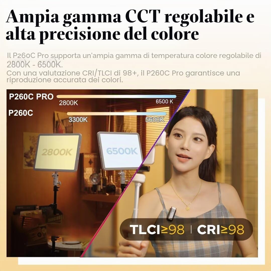 Godox P260C Pro Pannello LED Video Luce 45W Bi-colore 2800K-6500K con controllo APP NFC CRI 98 TLCI 98